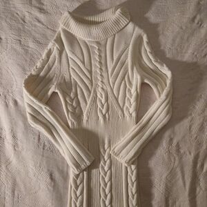 Eva Mendes New York & Company Cream Cable Knit White Turtleneck Sweater-Dress